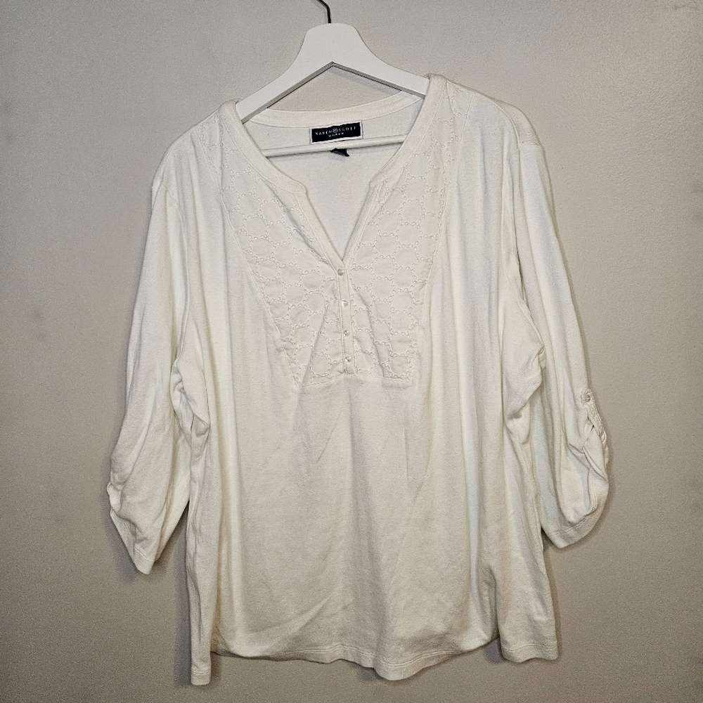 Karen Scott White Embroidered Women's Top 3/4 Sleeves V-Neck Plus Size Cotton